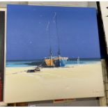 JOHN HORSEWELL ACRYLICS ON CANVAS BOATS IN A BEACH LANDSCAPE