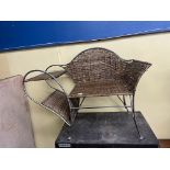 METAL FRAMED AND RATTAN ARCH BACK TELEPHONE BENCH H- 69CM W- 91CM D- 41CM