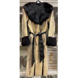 LADIES FUR AND LEATHER TWO TONE COAT WITH LEATHER BELT