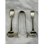 TWO VICTORIAN PRESERVE SPOONS AND A BIRMINGHAM SILVER PAIR OF SUGAR TONGS 1.