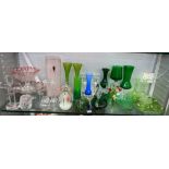 SHELF OF MAINLY GREEN GLASSWARE INCLUDING BONBON DISHES, DRESSING TABLE SET,