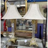 LARGE PAIR OF BRASS AND GLASS CORINTHIAN COLUMN TABLE LAMPS WITH MATCHING SHADES