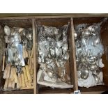 LARGE TRAY OF ASSORTED SILVER PLATED CUTLERY INCLUDING BASTING SPOONS, FORKS, KNIVES,