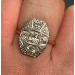 ART DECO 18CT AND PLAT FIVE STONE OLD BRILLIANT CUT DIAMOND LOZENGE SHAPE CLUSTER RING, COLOUR H/I,