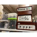 THREE VINTAGE AMPLIFIERS AND FOUR PLASTIC CONTAINERS OF ELECTRIC CONNECTORS,