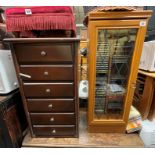 LIGHT OAK EFFECT CD STORAGE CABINET AND CONTENTS THEREIN AND A MAHOGANY SIX DRAWER SLIM CHEST