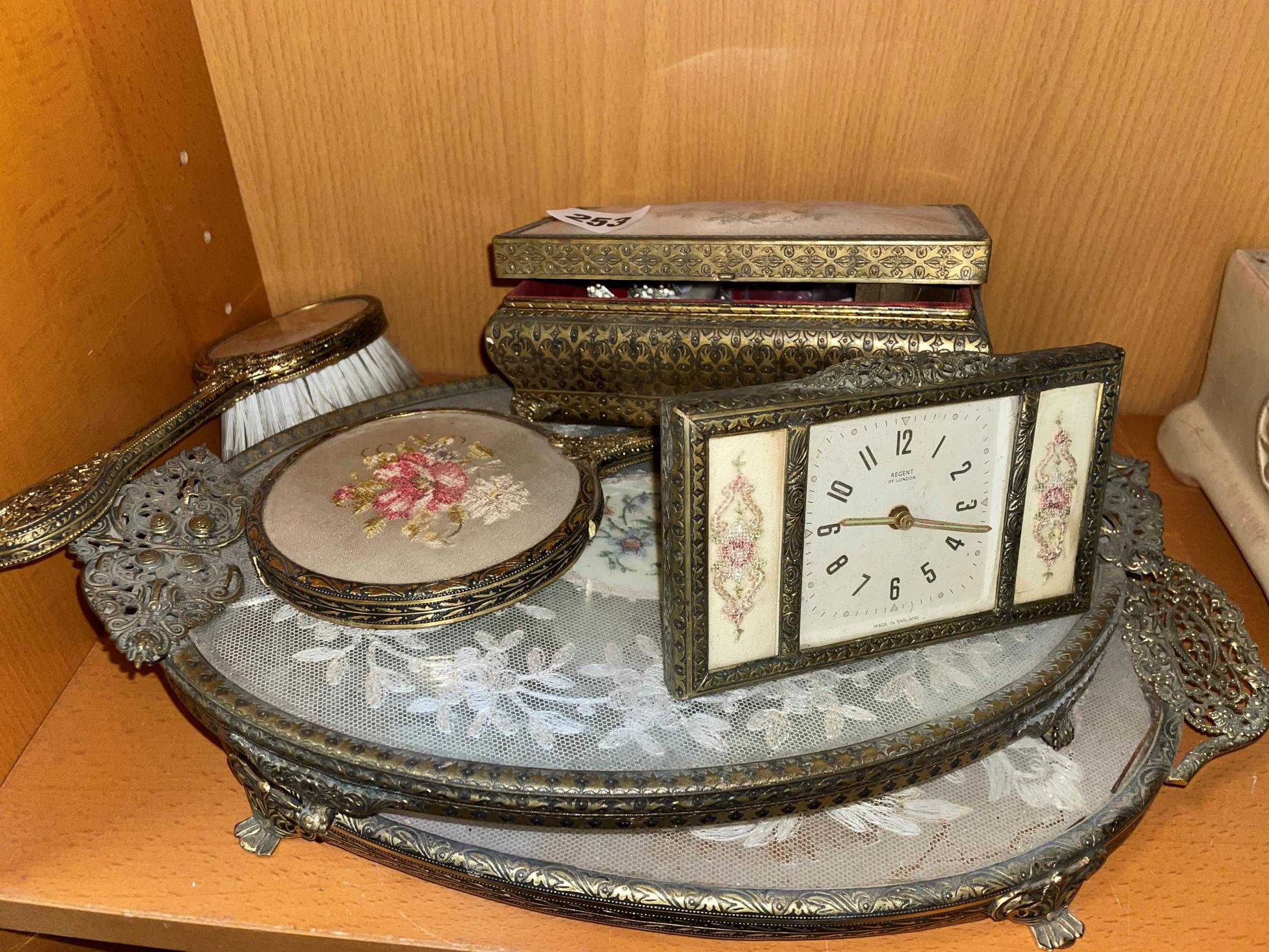 1950S PART GILT METAL DRESSING TABLE SET CONSISTING OF A CLOCK, MIRROR, - Image 2 of 2