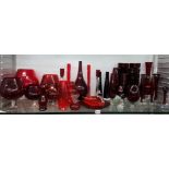 LARGE ASSORTMENT OF RUBY GLASSWARE INCLUDING VASES, SUNDAE DISHES, BRANDY BALLOONS AND SWAN FIGURE,