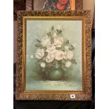 GILT FRAMED OIL ON CANVAS OF A STILL LIFE AND A STILL LIFE PRINT IN OAK FRAME