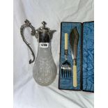 VICTORIAN SILVER PLATED ENGRAVED CLARET JUG WITH ETCHED GLASS FLORAL DESIGN AND A PAIR OF FISH