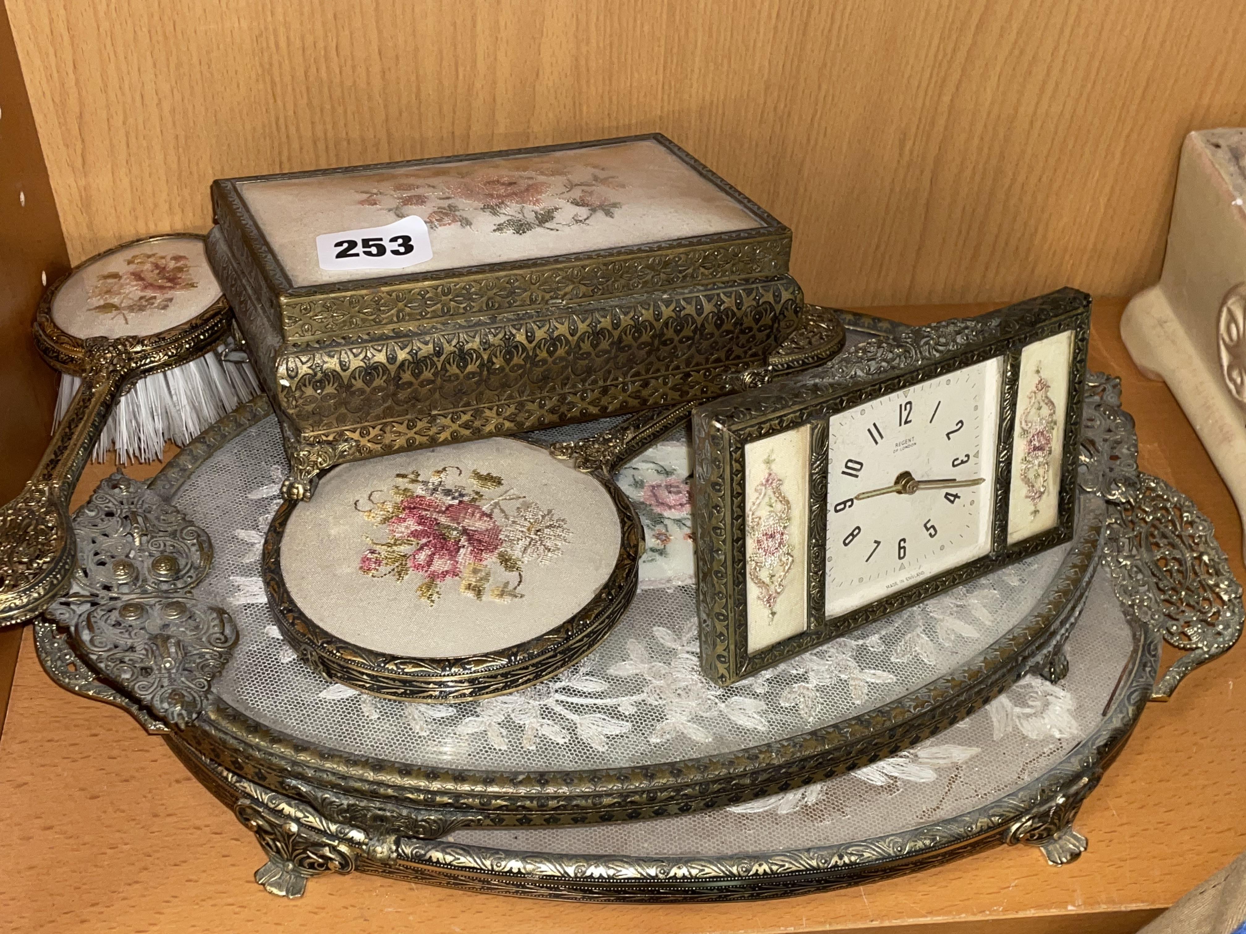 1950S PART GILT METAL DRESSING TABLE SET CONSISTING OF A CLOCK, MIRROR,