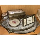 1950S PART GILT METAL DRESSING TABLE SET CONSISTING OF A CLOCK, MIRROR,