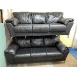 CONTEMPORARY BLACK LEATHER PAIR OF THREE SEATER SOFAS WITH CHROME LEGS