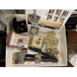 TRAY INCLUDING ASSORTED COSTUME JEWELLERY, CUFFLINKS, WATCHES, COINS,