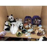 SHELF OF RESIN PANDA AND SWAN FIGURES BY LEONARDO AND A SELECTION OF DANBURY MINT FINE BONE CHINA