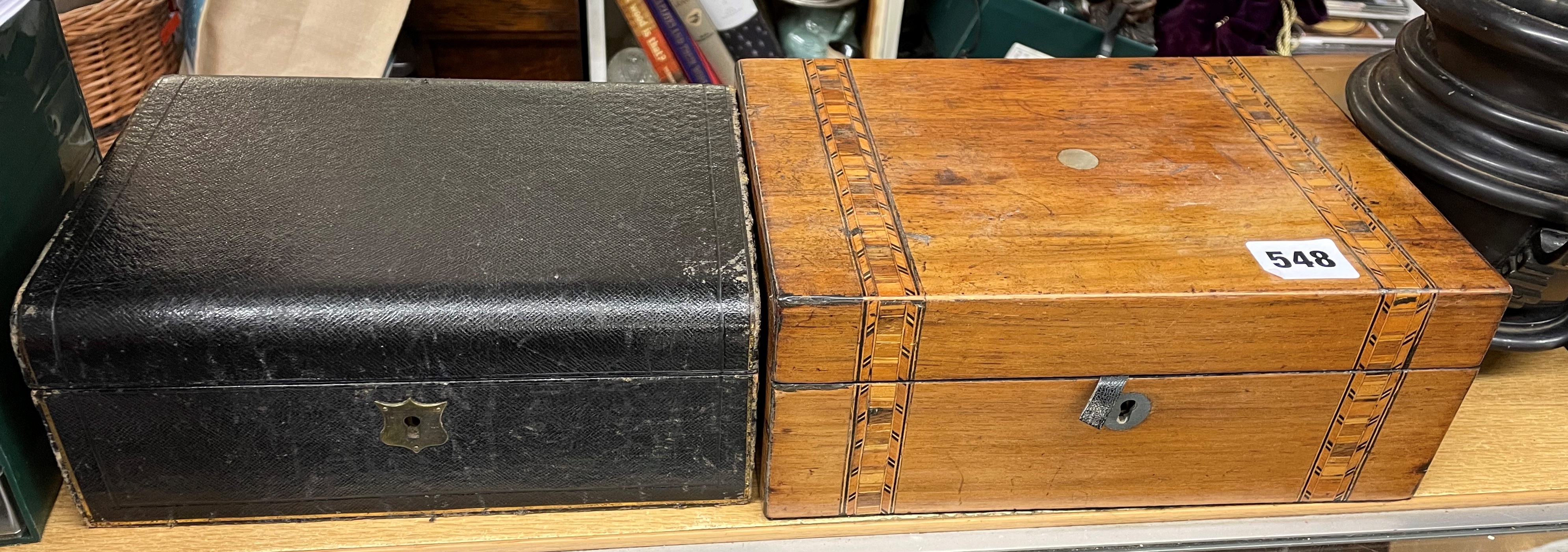 VICTORIAN LEATHER JEWELLERY BOX AND A VICTORIAN WALNUT TUNBRIDGE BOX