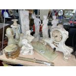 ASSORTMENT OF ROMAN BUSTS AND FIGURES INCLUDING ALABASTER COASTERS AND VASES,