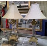 SMALLER PAIR OF BRASS AND GLASS CORINTHIAN COLUMN TABLE LAMPS WITH MATCHING SHADES