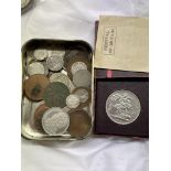 TIN OF PRE-DECIMAL COINS MAINLY 3D AND A 1951 FESTIVAL OF BRITAIN CROWN