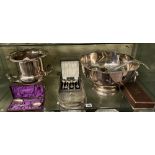 EPNS PUNCHBOWL WITH DRAGON MASK HANDLES, VINERS CHAMPAGNE BUCKET, CASED SETS OF SPOONS,