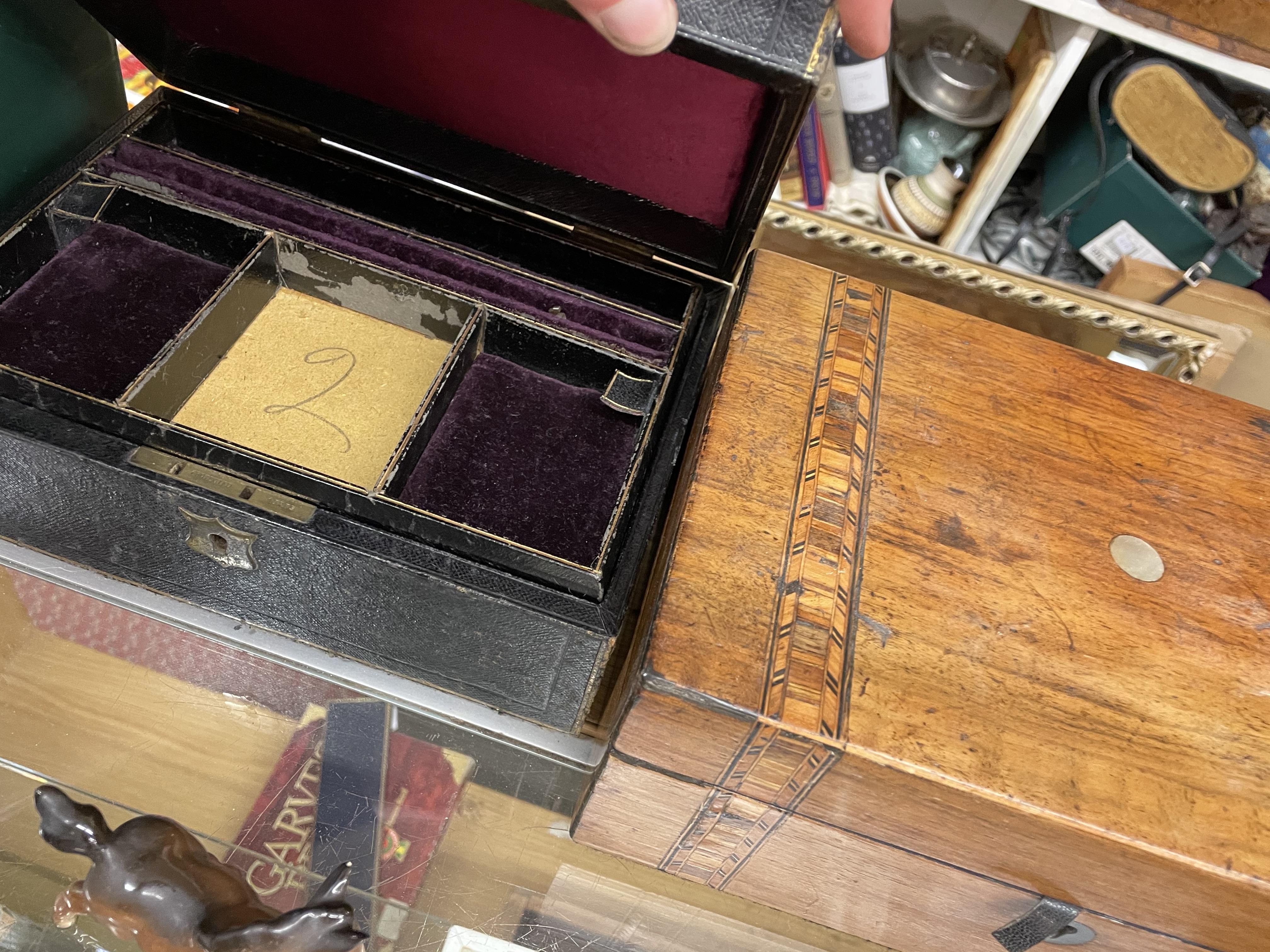 VICTORIAN LEATHER JEWELLERY BOX AND A VICTORIAN WALNUT TUNBRIDGE BOX - Image 2 of 2