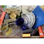 BOX CONTAINING WEDGWOOD MARY ROSE PLATE, ASSORTED LEMONADE JUGS, STUART CRYSTAL,