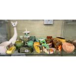 COMPLETE SHELF OF VARIOUS SYLVAC WARES INCLUDING SAUCE POTS AND COVERS, CAT FIGURE,