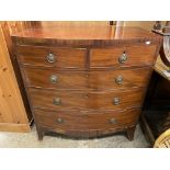 EARLY 19TH CENTURY MAHOGANY BOW FRONT TWO OVER THREE DRAWER CHEST ON SPLAY BRACKET FEET