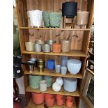 FIVE SHELVES OF VARIOUS CERAMIC AND METAL PLANTERS,