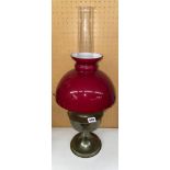 OIL LAMP WITH MAROON GLASS SHADE