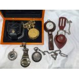 CASED HUNTER POCKET WATCH ON PLATED CHAIN ALONG WITH A SELECTION OF REPRODUCTION HUNTER AND HALF