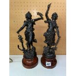 PAIR OF FRENCH SPELTER FIGURES ON MARBLE EFFECT SOCLES