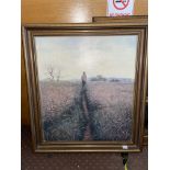 CARL LAUBIN OILS ON BOARD BAREFOOT WOMAN WALKING THROUGH A FIELD OF BARLEY. SIGNED.