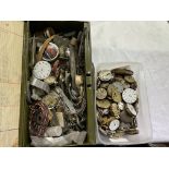 TUB OF VARIOUS POCKET AND WRIST WATCH MOVEMENTS AND AN ENAMEL TIN OF WATCHES AND RELATED STRAPS,