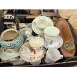 CARTON OF MISCELLANEOUS FIGURES AND TEAWARES, CUPS AND SAUCERS,