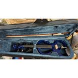 CASED ELECTRIC BLUE ELECTRIC VIOLIN AND BOW