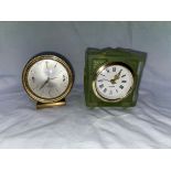 FROSTED GREEN GLASS CASED MANTEL QUARTZ TIMEPIECE AND A SMALL VINTAGE ALARM CLOCK