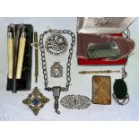 BAG CONTAINING A BOXED LIGHTER, 19TH CENTURY SNUFF BOX, PASTE DIAMANTE JEWELLERY,