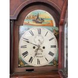 19TH CENTURY MAHOGANY AND INLAID LONG CASE CLOCK WITH A PAINTED ARCHED DIAL,