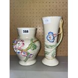 CLARICE CLIFF POTTERY 912 RIBBED BULBOUS VASE AND CLARICE CLIFF 905 HANDLED VASE,