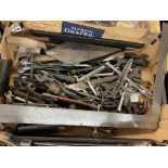 CARTON CONTAINING VARIOUS DOUBLE ENDED AND RING SPANNERS, ADJUSTABLE WRENCHES, CALIPERS,