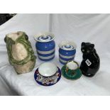 TWO CORNISH WARE STORAGE JARS, FROG CROWN DEVON WATER JUG,