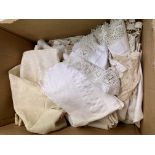 BOX OF EMBROIDERED TABLECLOTHS,