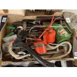 TRAY OF ASSORTED TOOLS AND OIL DISPENSERS