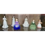 SHELF OF ROYAL DOULTON FIGURES 'MOTHER'S HELPER', 'BELLE', 'HARMONY', 'MARIE',