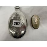 SILVER PLATED OVAL ENGRAVED SPIRIT FLASK AND A MOTHER OF PEARL SHELL BOX