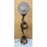 BRONZED EFFECT ART DECO FIGURAL TABLE LAMP WITH GLOBULAR SHADE