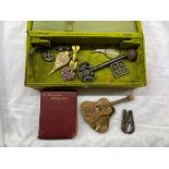 TWO SILVER BAR BROOCHES, OVERSIZED KEY, PAIR OF SOVEREIGN SCALES, BRASS ENAMEL GUITAR BOX,