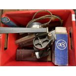 MAHOGANY BOX AND A CRATE CONTAINING STAPLER, SALTER MODEL 16 TENSION COMPRESSION TESTER,