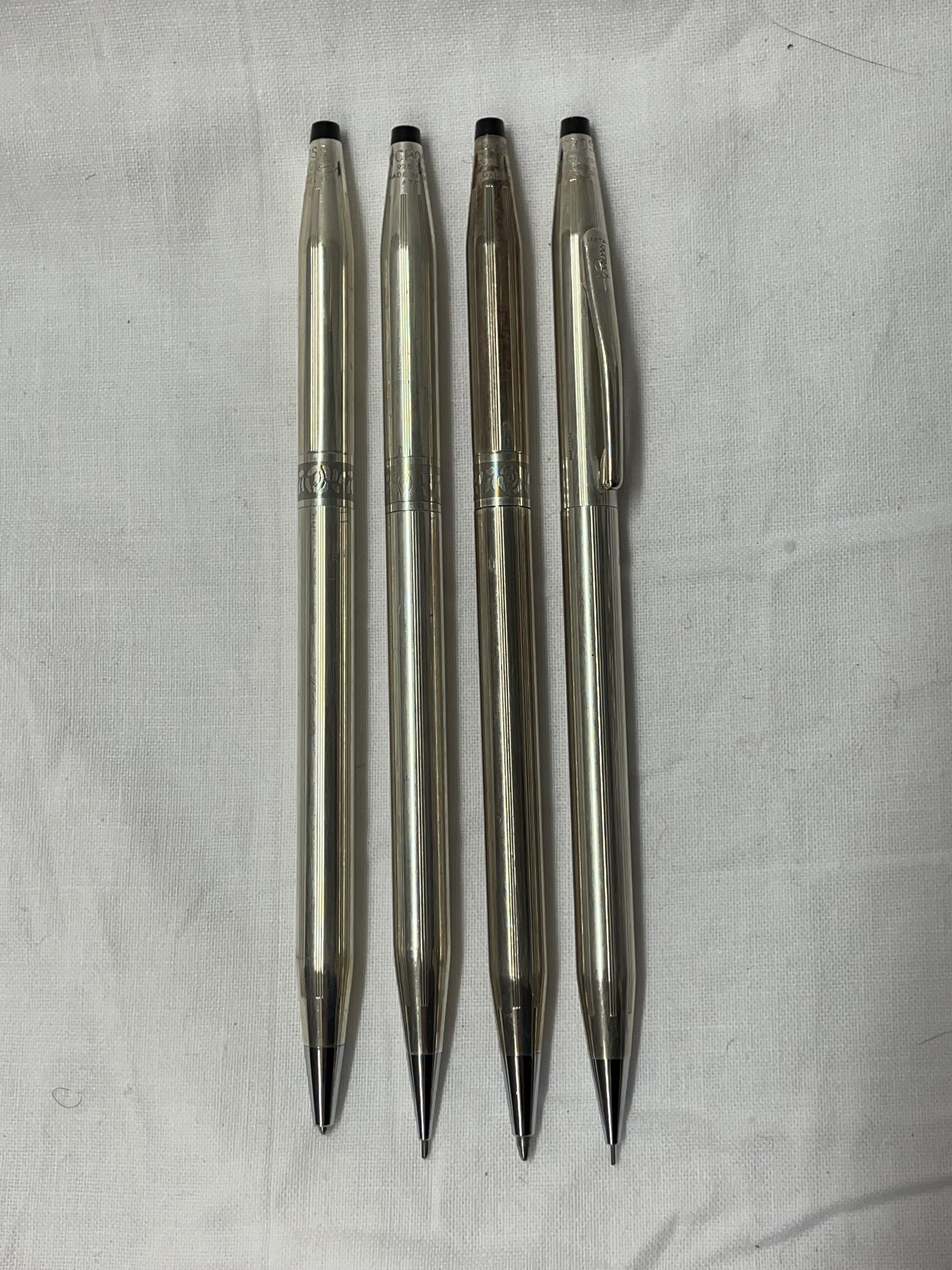 TWO CROSS SILVER CASED PROPELLING PENCILS AND TWO BALL POINT PENS